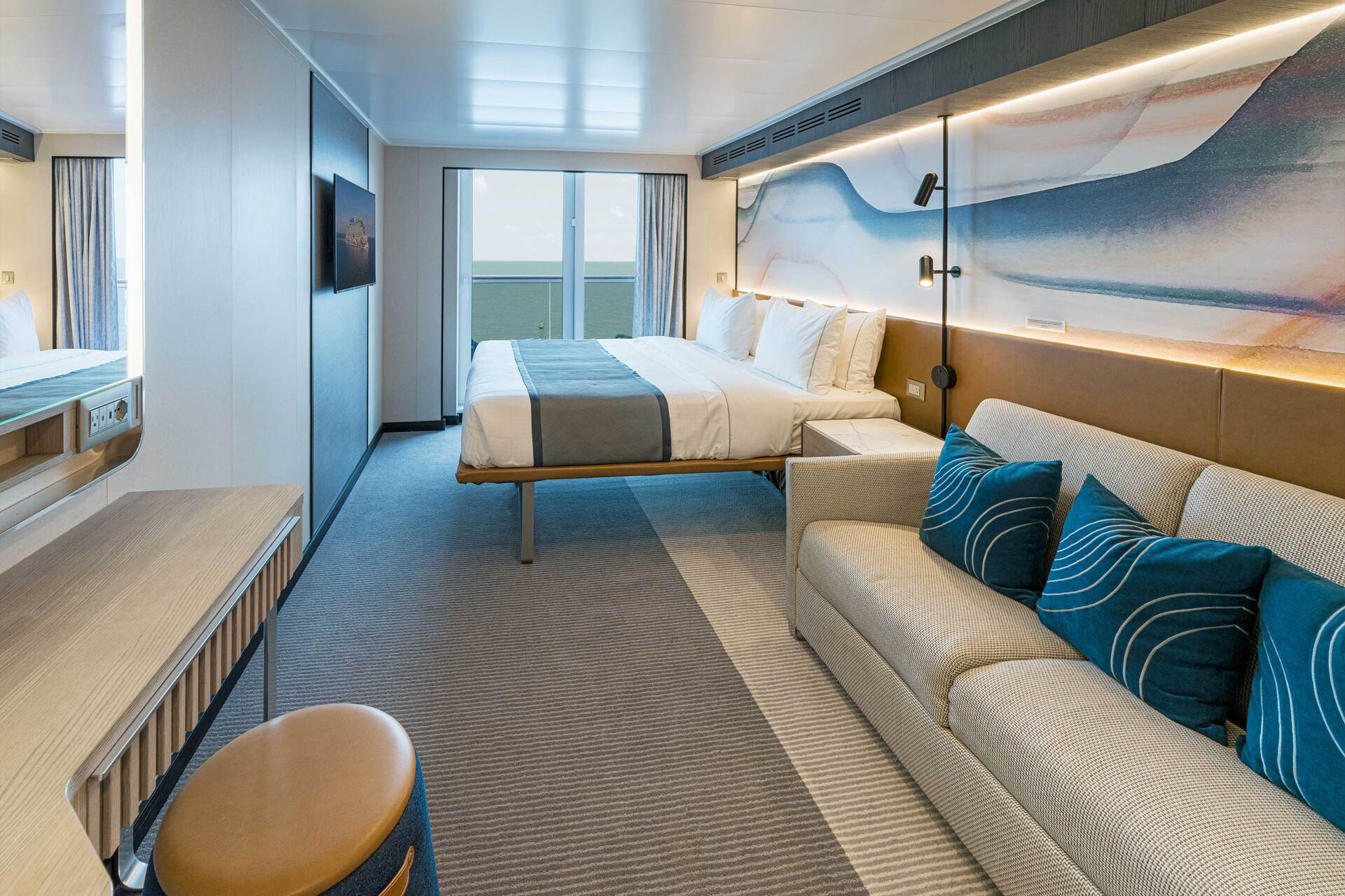 The all-new Norwegian Aura™ will feature an array of balcony staterooms that will accommodate up to two and four guests with select connecting rooms to allow families to travel together in comfort and ease.