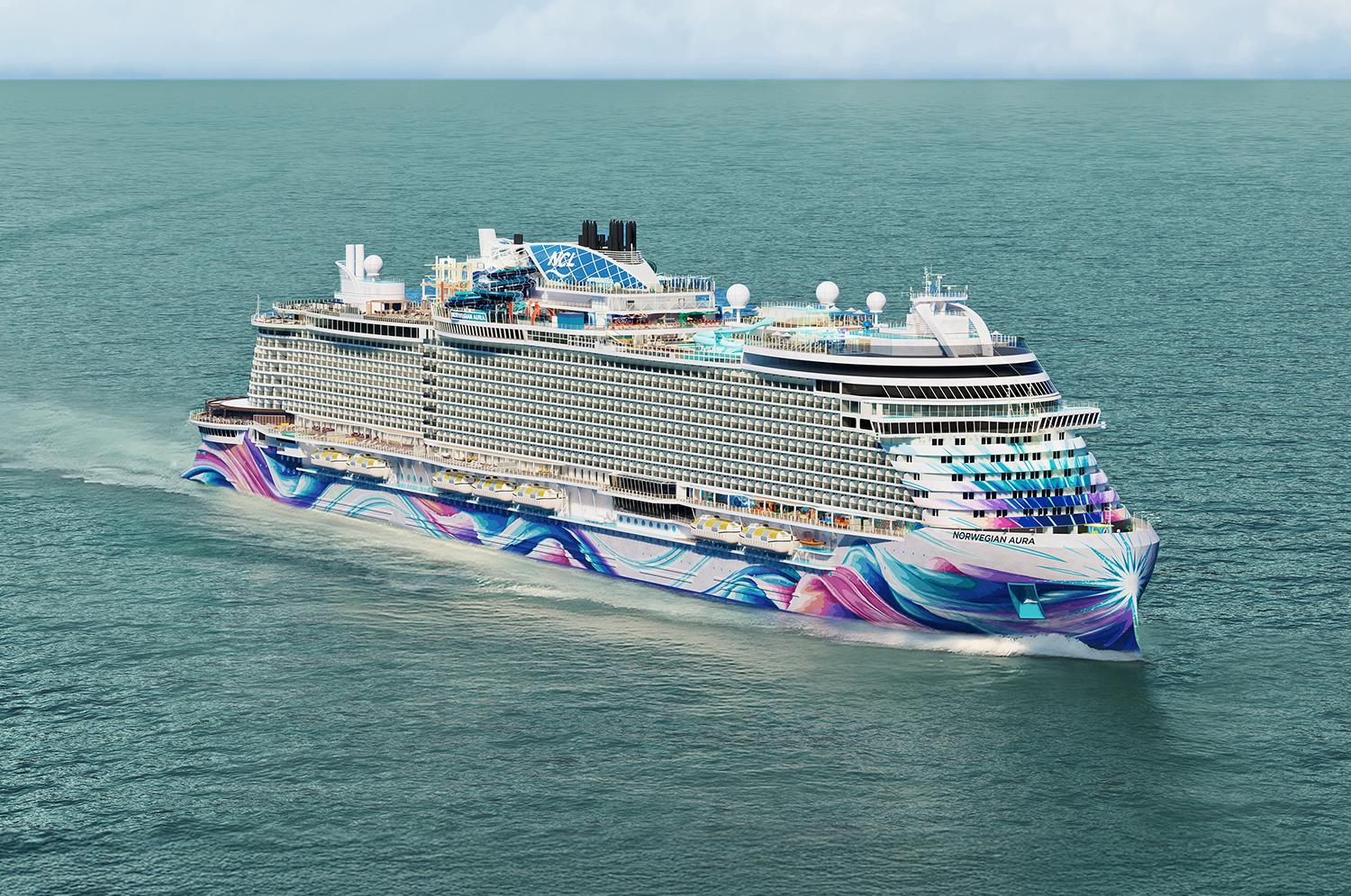 Norwegian Aura™ features signature hull art, designed by international artist Rosie Woods, that was inspired by celestial light and bioluminescent seas to create a modern interpretation of how light interacts with water.