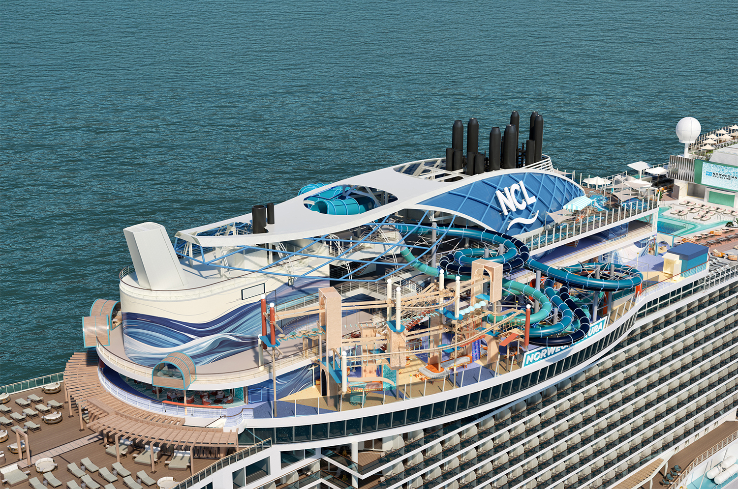 Norwegian Aura™ will boast more slides than any NCL ship with its premier attraction - the all-new Ocean Heights™. The open-air activity complex is an innovative, multi-generational hub of entertainment featuring a variety of slides, a thrilling 82-foot Aura Ropes Course, a 25-foot Rock Climbing Wall and more.