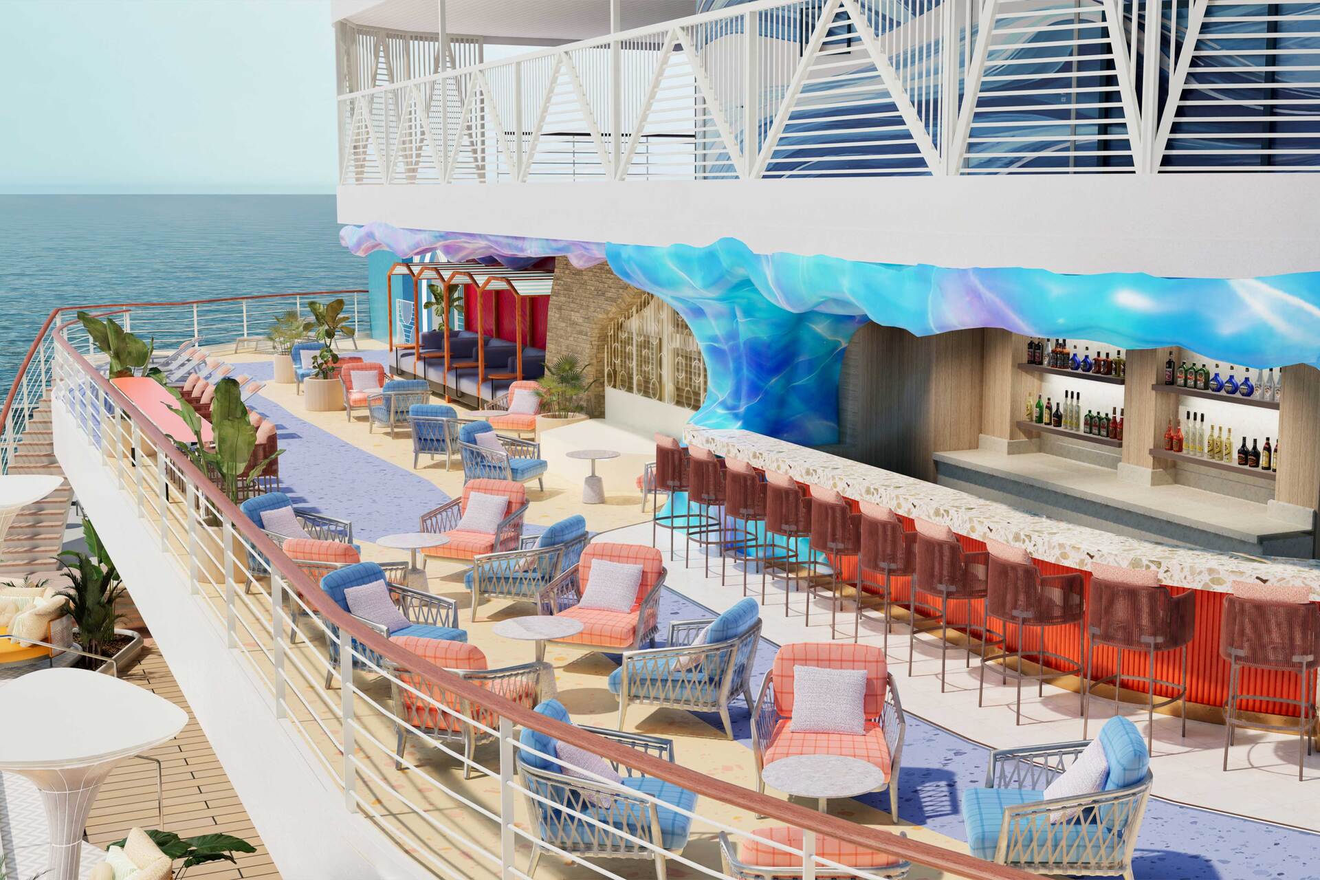 Ocean Heights™, Norwegian Aura’s all-new multi-generational open-air activity complex will feature an outdoor bar perfect for guests to enjoy their favorite beverages.