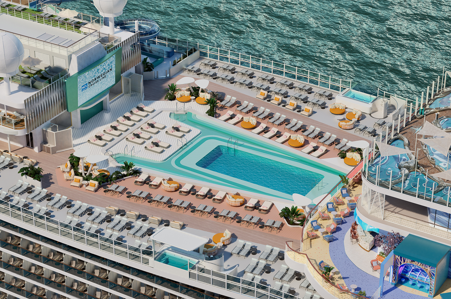 Guests will soak up the sun on board Norwegian Aura™, featuring the largest pool deck in the NCL fleet with expansive seating and lounging space as well as three infinity hot tubs.