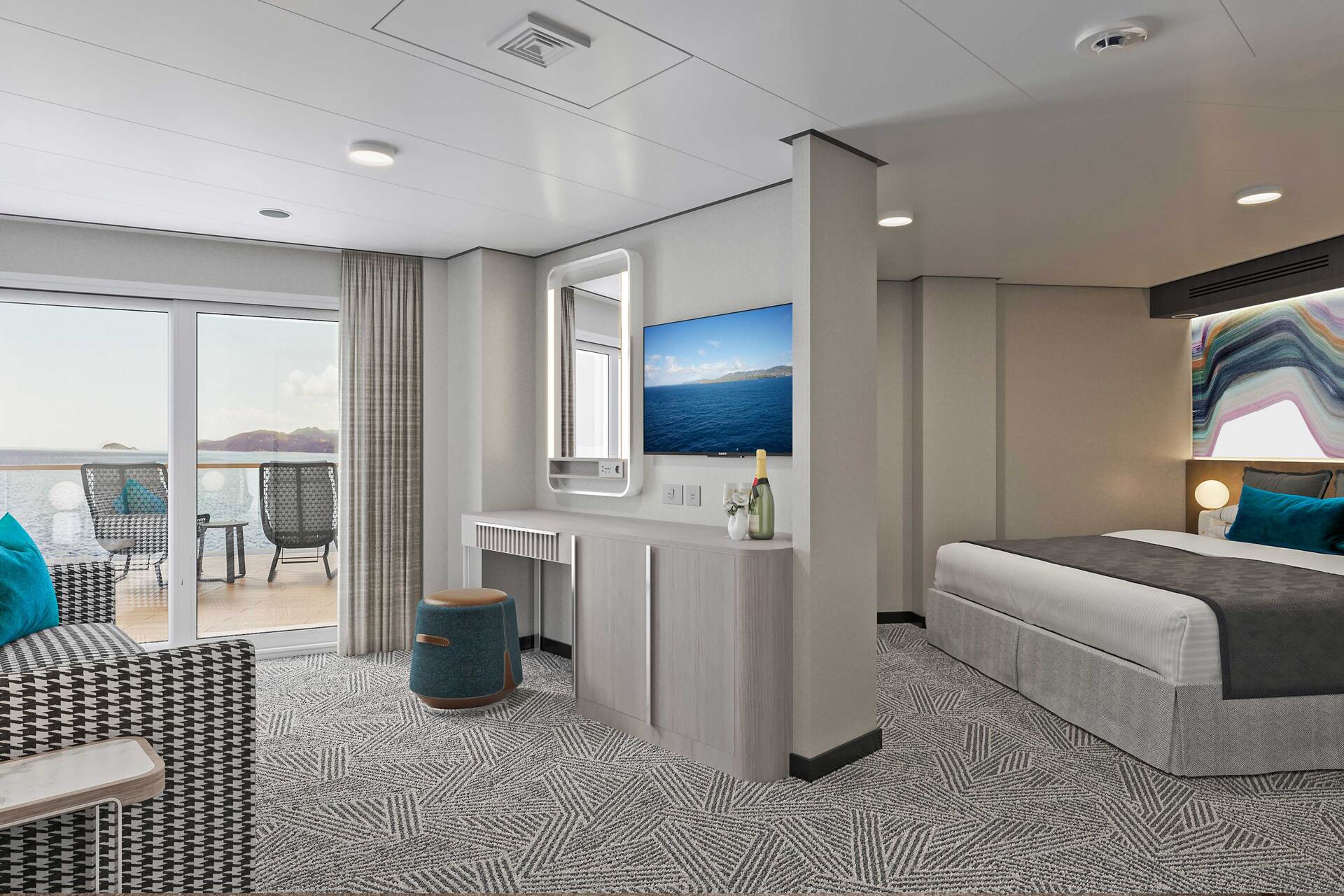 The all-new Norwegian Aura™ features 36 suites, including the Aft-Facing Suite with Large Balcony, accommodating up to four guests - perfect for family getaways.