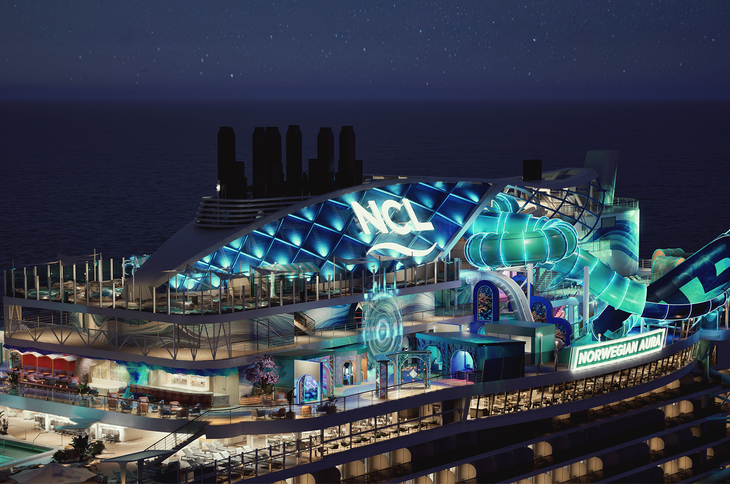 Norwegian Aura’s all new Ocean Heights™ is a multi-level, open-air environment designed to transition seamlessly from fun by day to a vibrant, laid-back atmosphere at night, creating a lively space for the whole family.