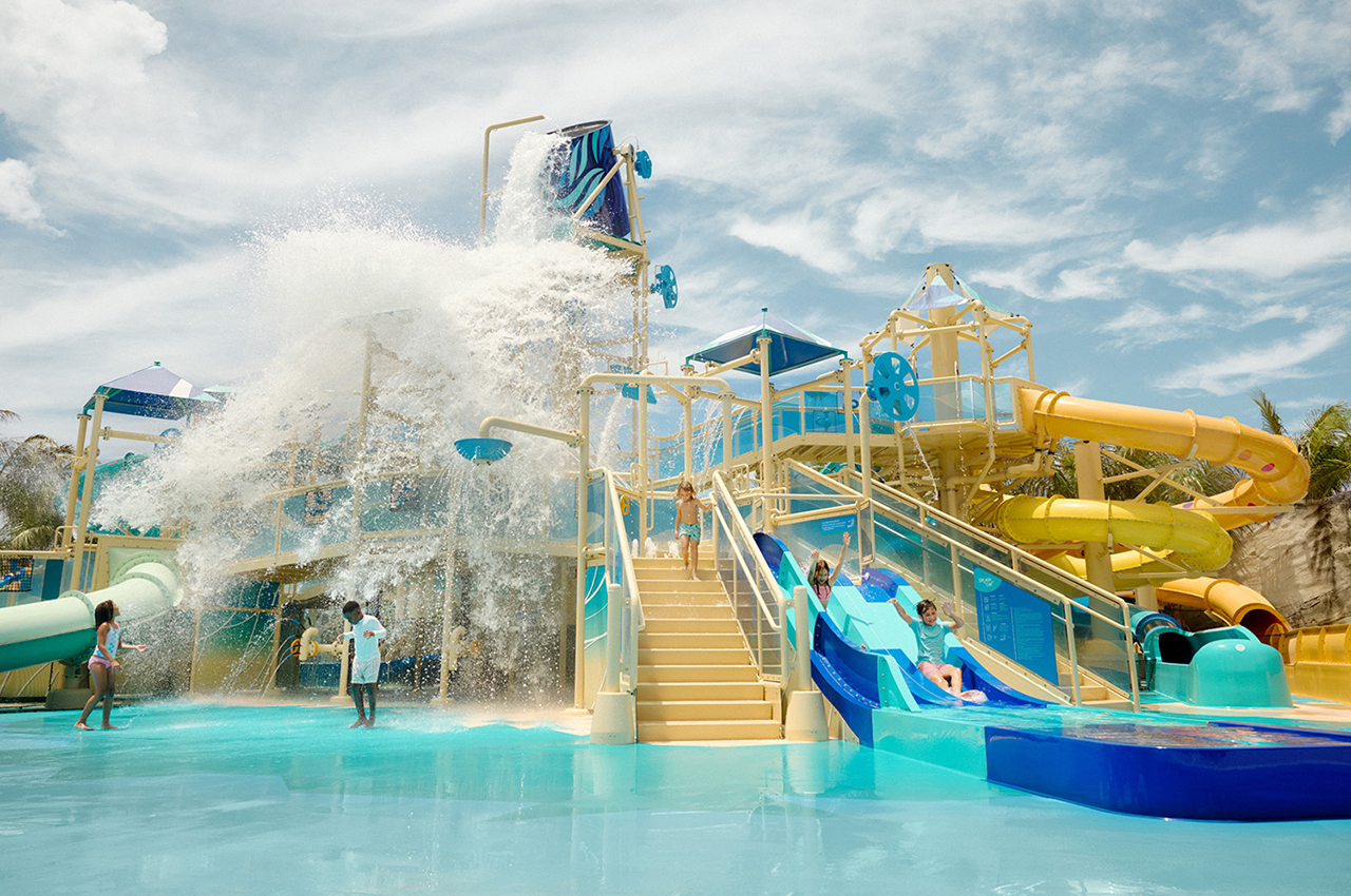 The 9,000-square-foot Splash Cay at Great Tides Waterpark provides fun for little ones with eight mini slides and a 300-gallon tipping bucket.