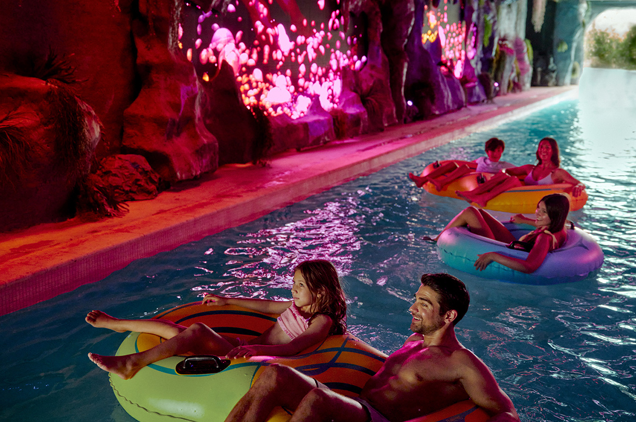 The dynamic Wandering River at Great Tides Waterpark features an immersive tunnel for a unique experience.